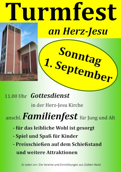 Das Turmfest findet dieses Jahr am Sonntag, dem 01. September, statt. Los geht es um 11 Uhr mit einem gemeinsamen Gottesdienst.